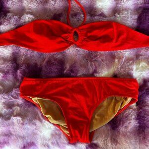 Unbranded Fluorescent Orange Two-Piece Double Tie Bandeau Top Bikini Swimsuit M